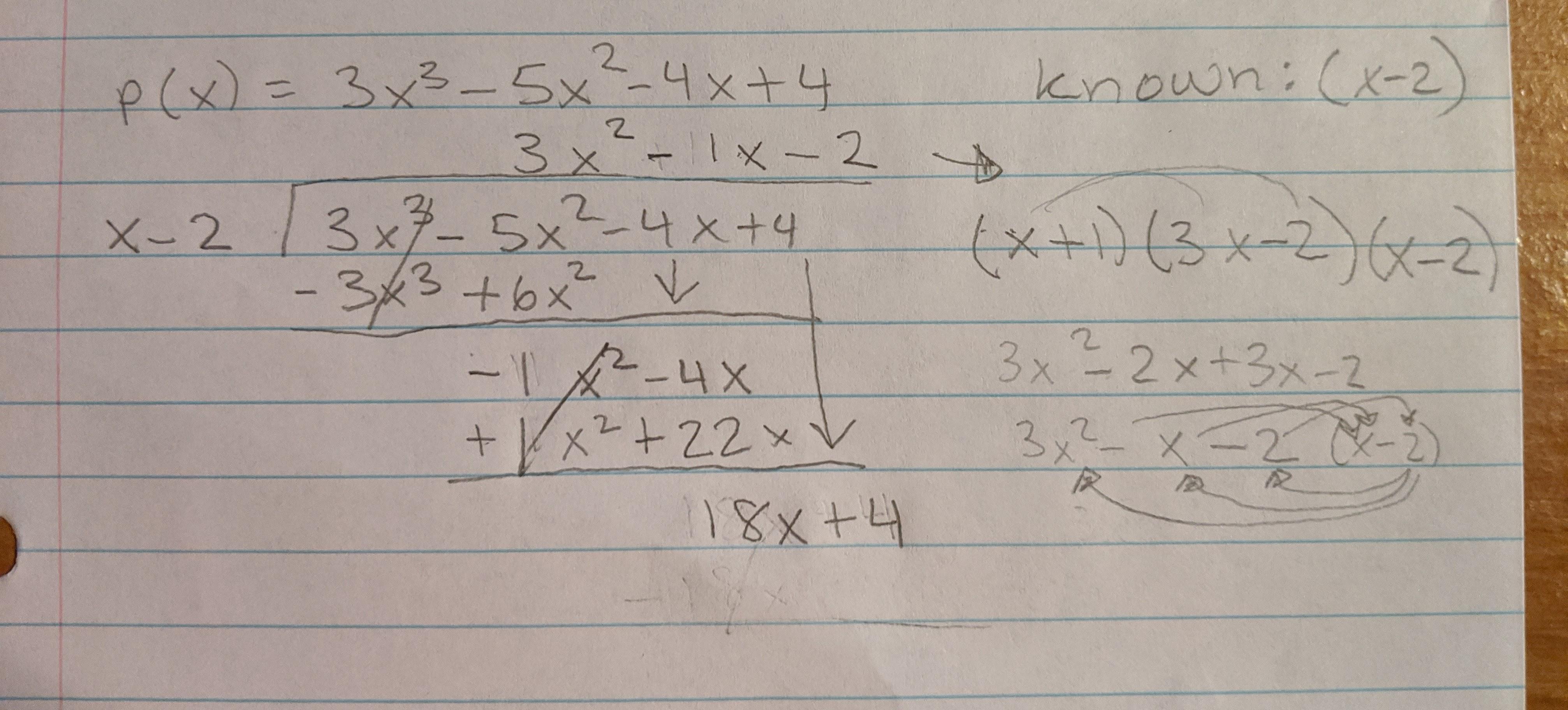 The Polynomial P(x)=3x^3-5x^2-4x+4 Has A Known Factor Of (x-2)