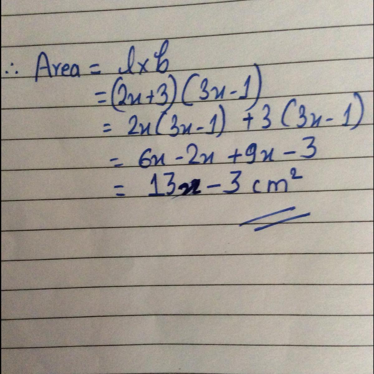 What Is The Area Of A Rectangle With Sides Measuring 2x+3 And 3x-1 Feet