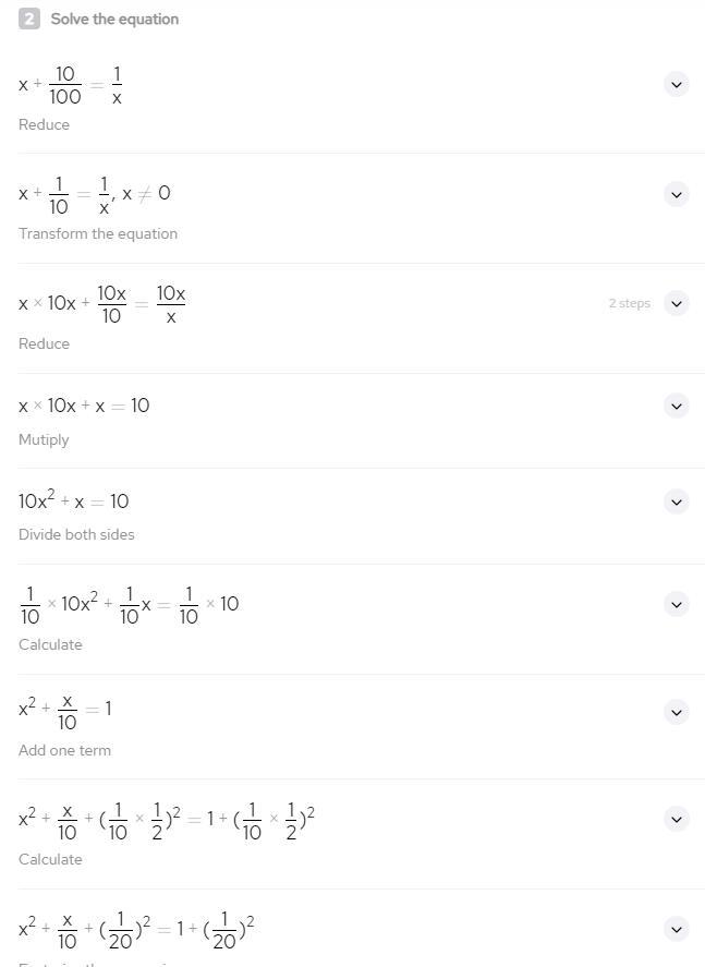 How Many Solution Does This Equation Has X+10/100=1/x 