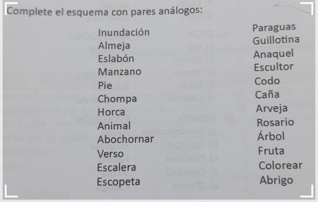 Complete El Esquema Con Pares Anlogos:InundacinAlmejaEslabnManzanoDieChompeHorcaAnimalAbochornarVersoEscaleraEscopetaParaguasGuillotinaAnaquelEscultorCodoCakaArvejaRosarioArbolFrutaColorearAbrigo