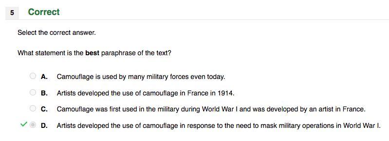 Select The Correct Answer.What Statement Is The Best Paraphrase Of The Text?A. Camouflage Is Used By