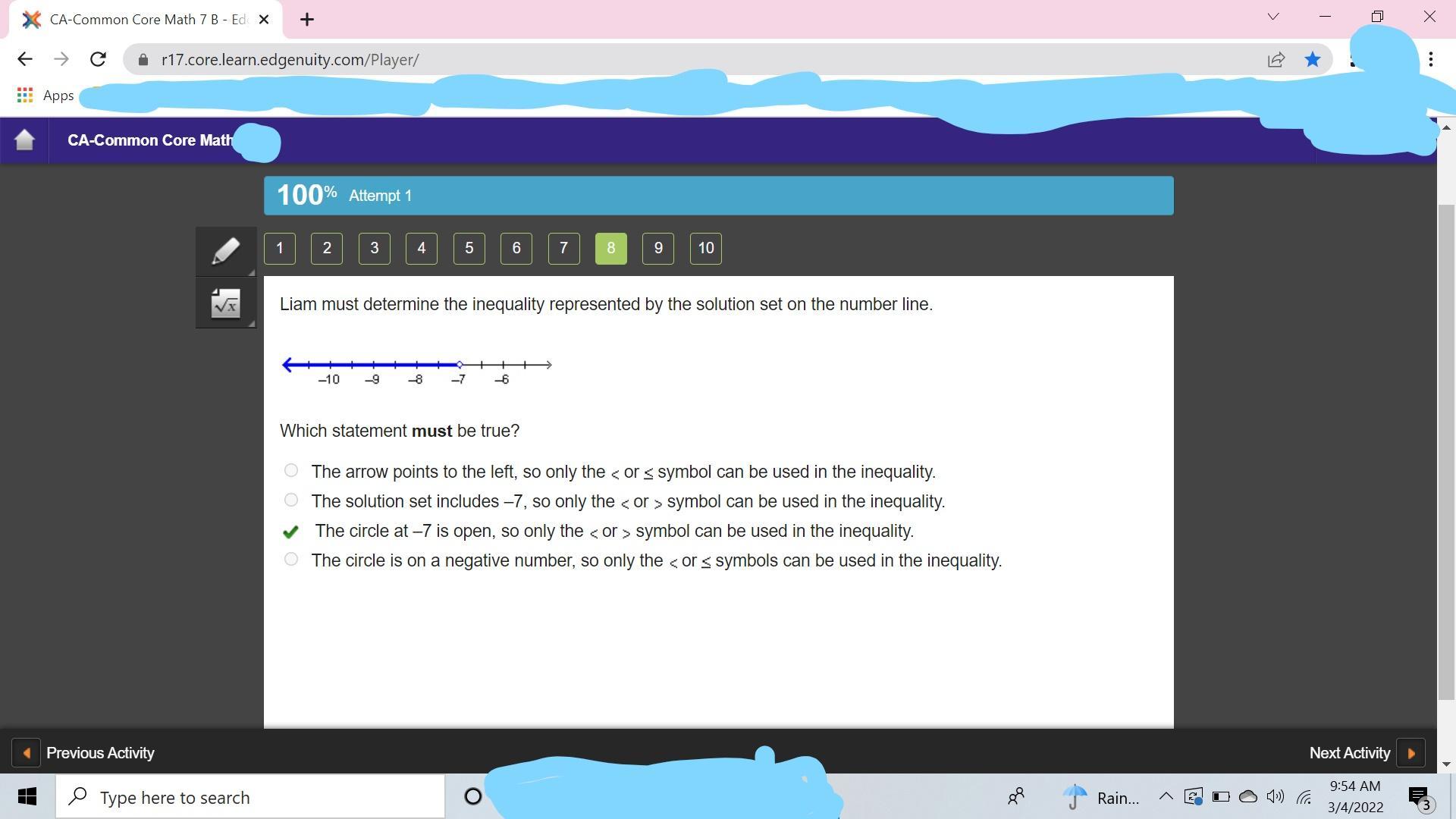 Liam Must Determine The Inequality Represented By The Solution Set On The Number Line. A Number Line