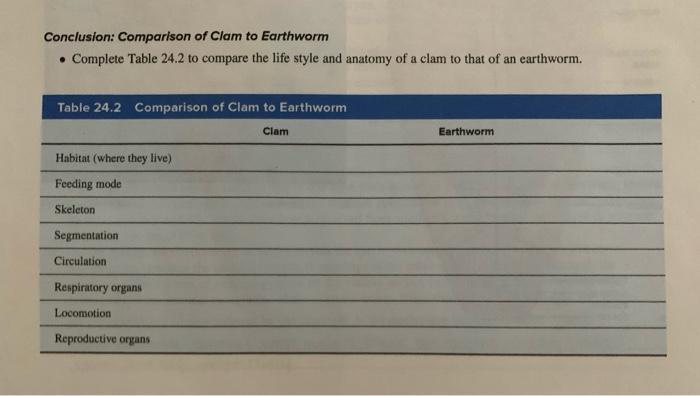 Conclusion: Comparison Of Clam To Earthworm Complete 17.2 To Compare The Anatomy Of A Clam To That Of