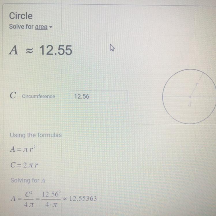Find The Area Of A Circle With A Circumference Of 12.56 Units
