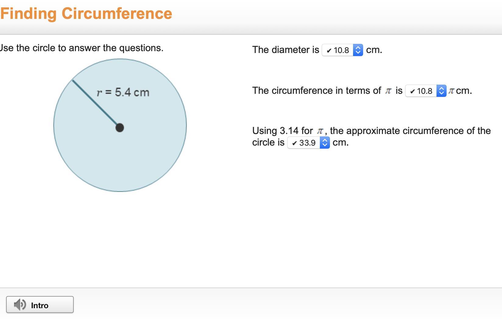 Use The Circle To Answer The Questions.A Circle With Radius 5.4 Centimeters.The Diameter Is Cm.The Circumference