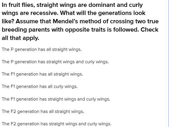 In Fruit Flies, Straight Wings Are Dominant And Curly Wings Are Recessive. What Will The Generations