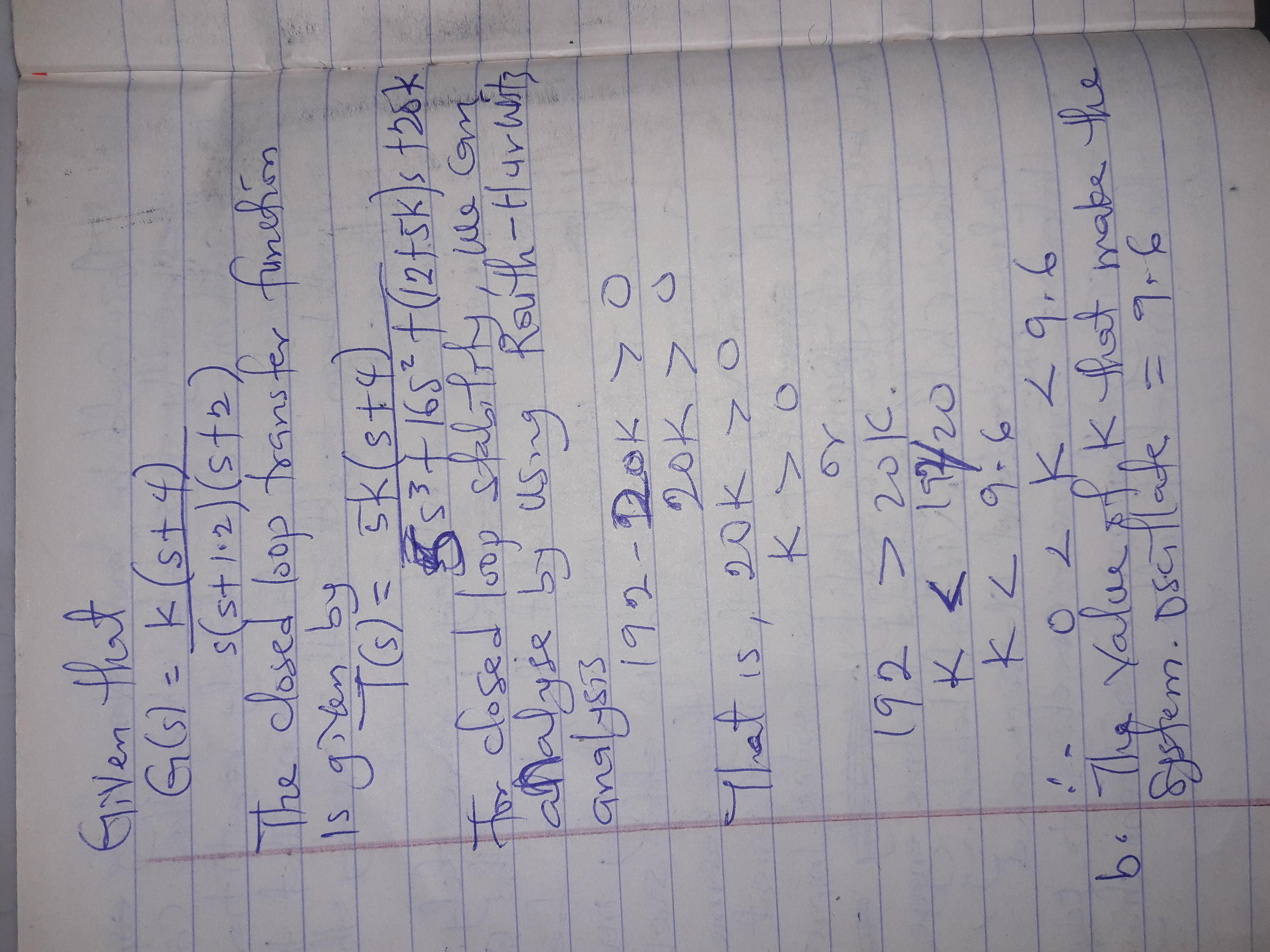 Given The Unity Feedback System G(s)= K(s+4)/s(s+1.2)(s+2) Find:a. The Range Of K That Keeps The System