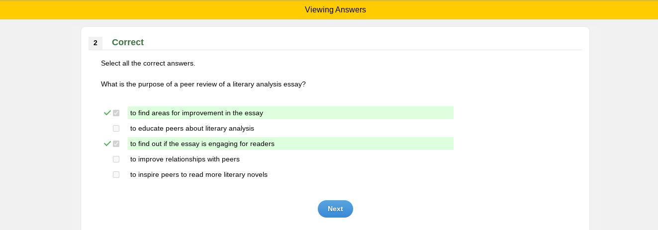 Select All The Correct Answers.What Is The Purpose Of A Peer Review Of A Literary Analysis Essay?to Find