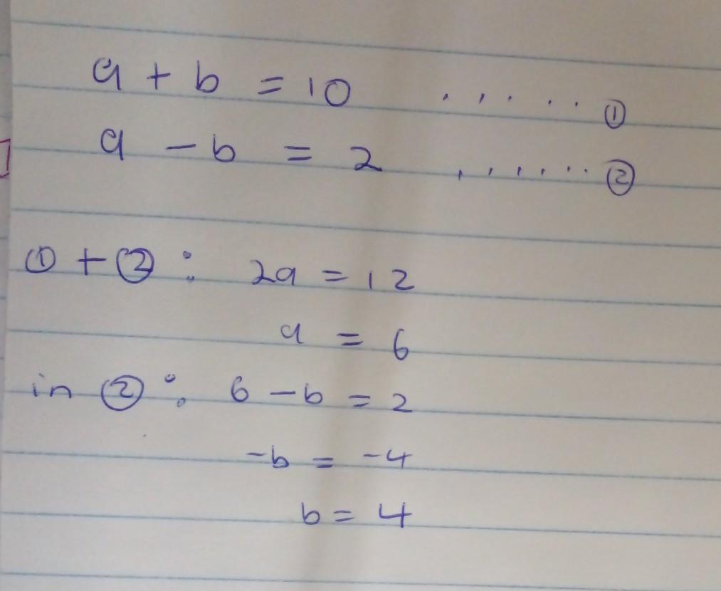 14)a + B = 10a-b=2Solve The System Of Equations.A)a = 5. B = 5B)a = 2, B = 8a = 6, B = 4Da = 3,6 = 7