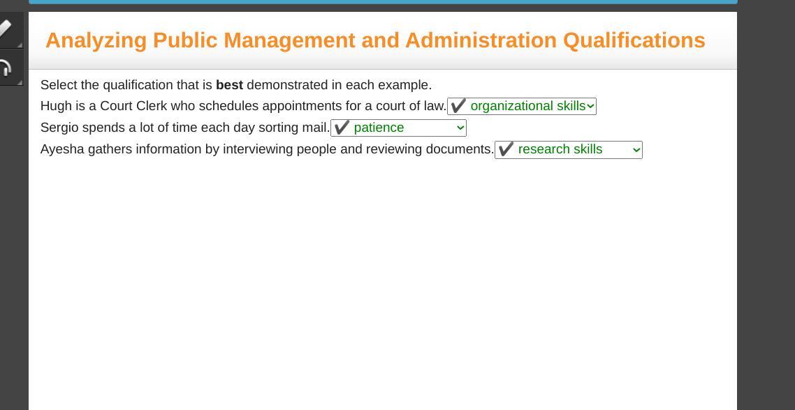 Select The Qualification That Is Best Demonstrated In Each Example.Hugh Is A Court Clerk Who Schedules
