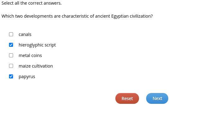 Which Two Developments Are Characteristic Of Ancient Egyptian Civilization?canalshieroglyphic Scriptmetal