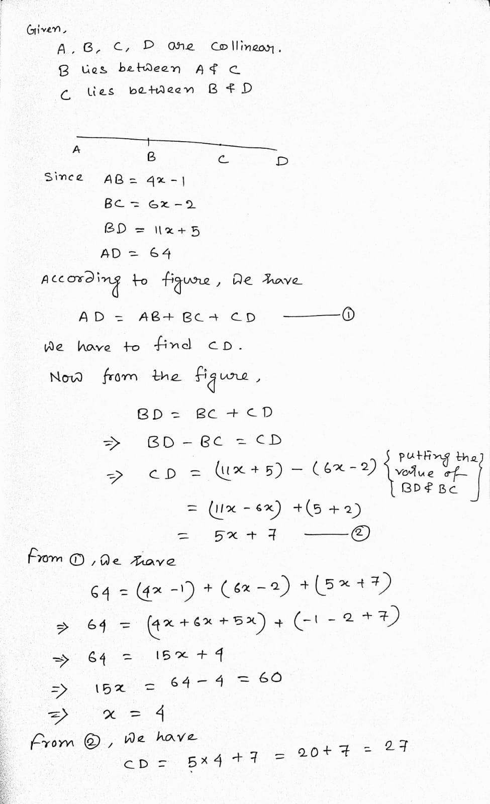 Points A, B, C And D Are Collinear, With B Between A And C, And C Between B And D. What Is The Measure