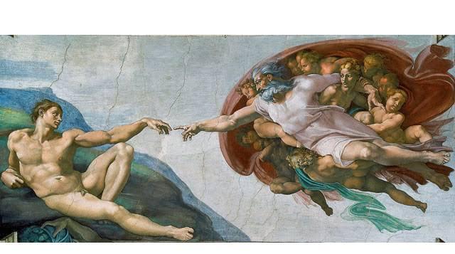 .Study The Creation Of Adam By Michelangelo. Painting Of The Creation Of Adam By Michelangelo. God Reaches