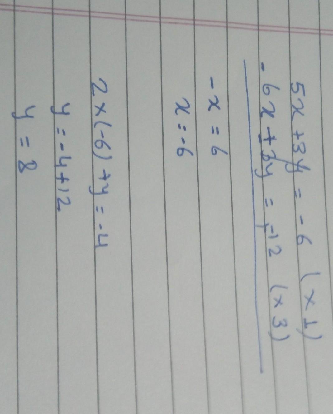 A System Of Equations Is Show Below 5x + 3y=-6 2x+y=-4 Which Statement About The Ordered Pair (-6,8)