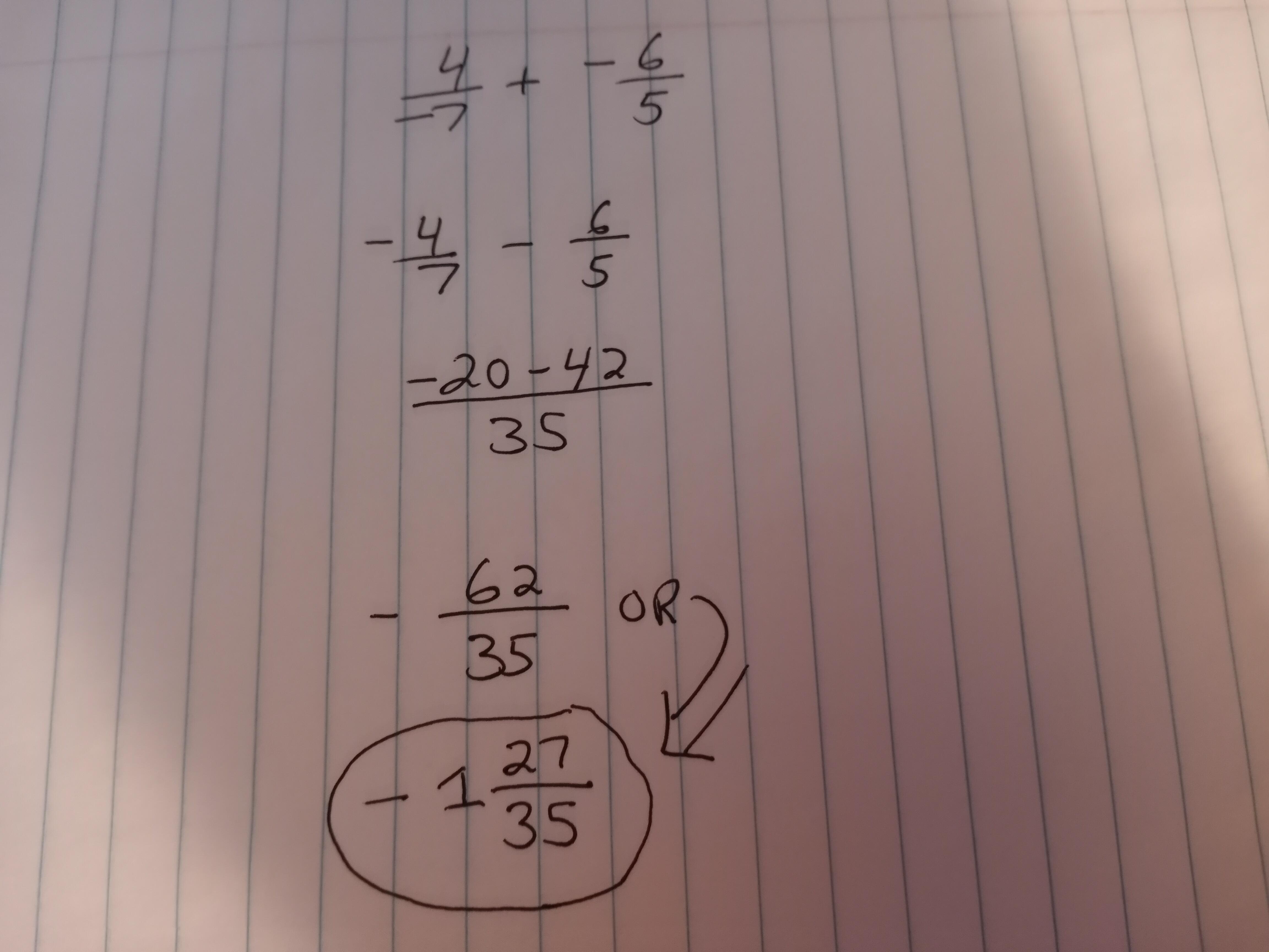 4/-7 + -6/5 In Simplest Form