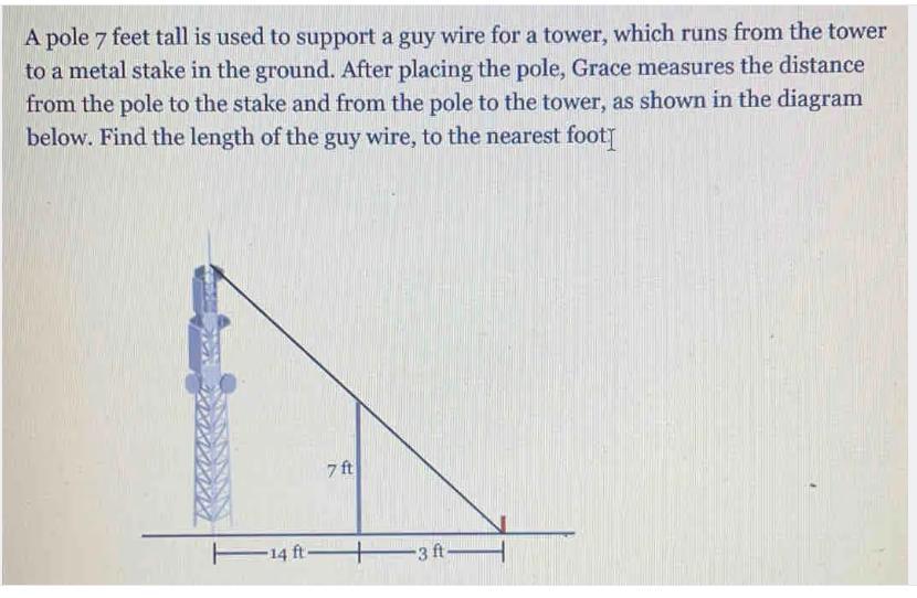A Pole 7 Feet Tall Is Used To Support A Guy Wire For A Tower, Which Runs From The Tower To A Metal Stake