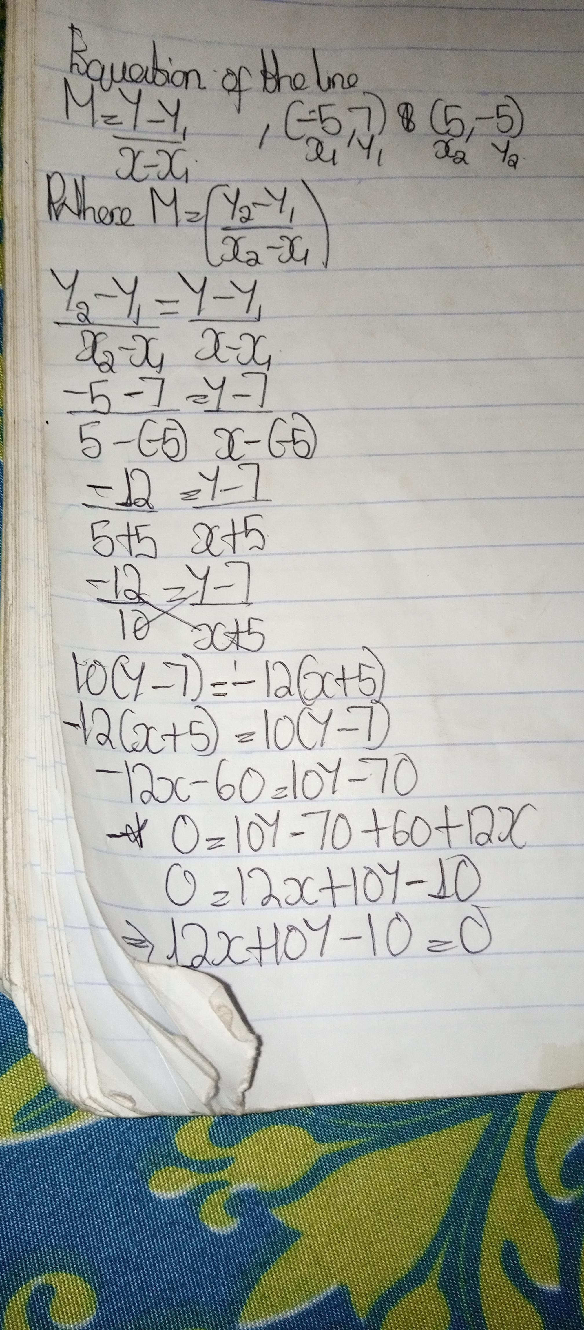 What Is An Equation Of The Line That Passes Through The Points (-5, 7) And (5, -5)?