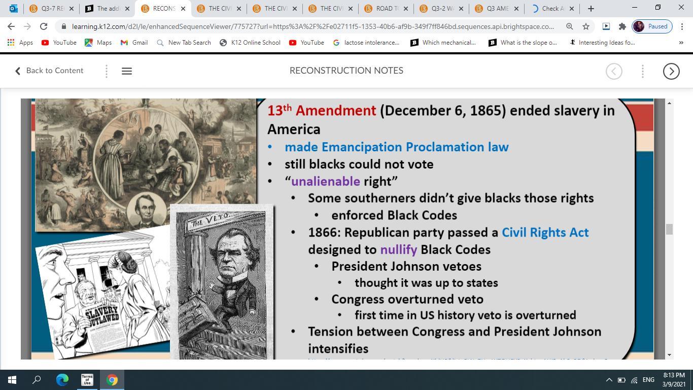 The Addition Of The 13th Amendment To The United States Constitution In December Of 1865..Question 1