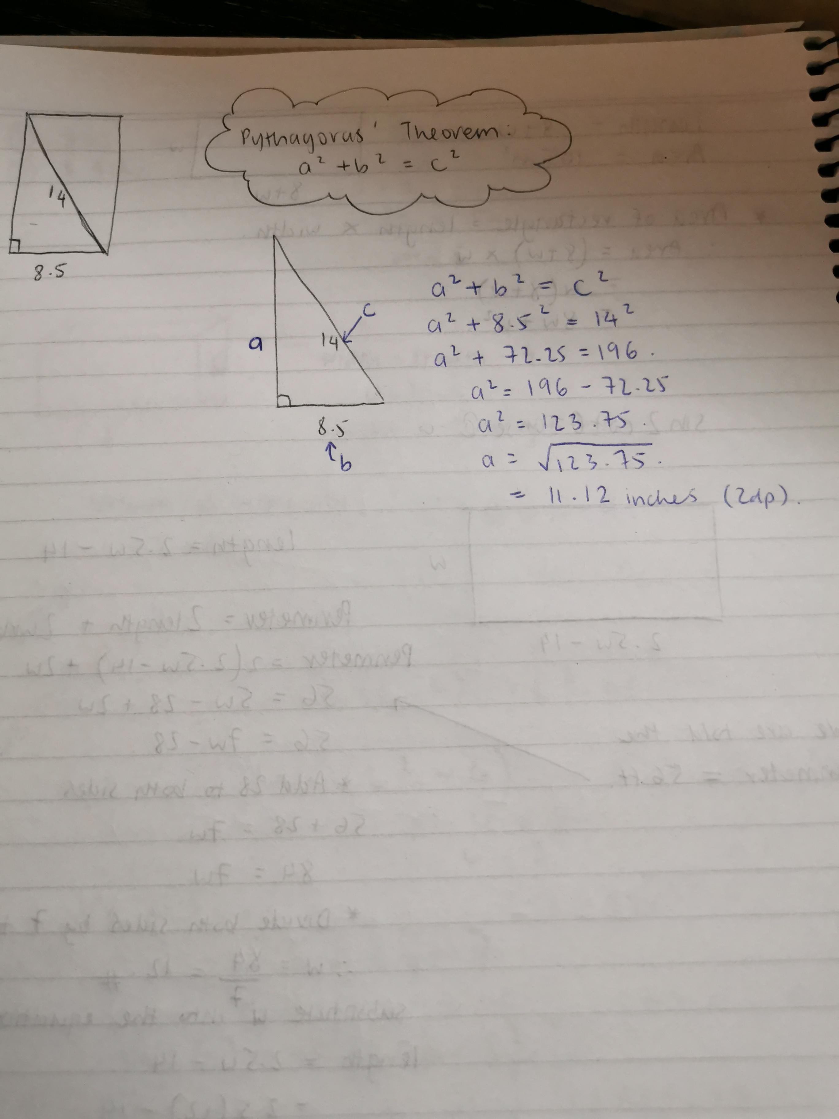 The Width Of A Rectangular Paper Is 8.5 Inches,and The Diagnal Length Is 14 Inches . What Is The Length