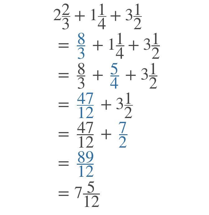 2 2/3 + 1 1/4 + 3 1/2 =..........