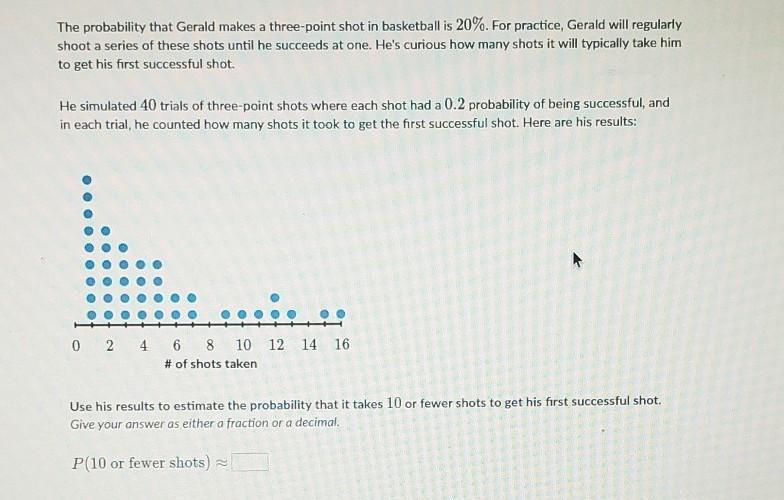 The Probability That Gerald Makes A Three-point Shot In Basketball Is 20\%20%20, Percent. For Practice,