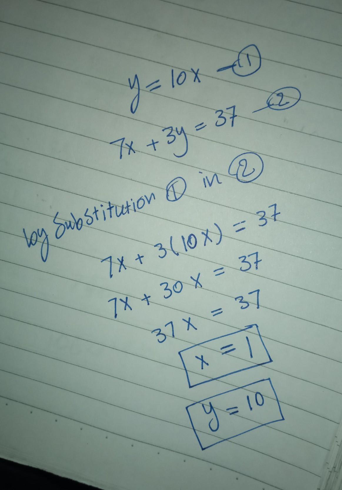 Solve The System By Substitution.Y = 10x7x + 3y =37