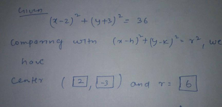 Find The Center And Radius Of Thiscircle.(x - 2)2+(y + 3)2 = 36