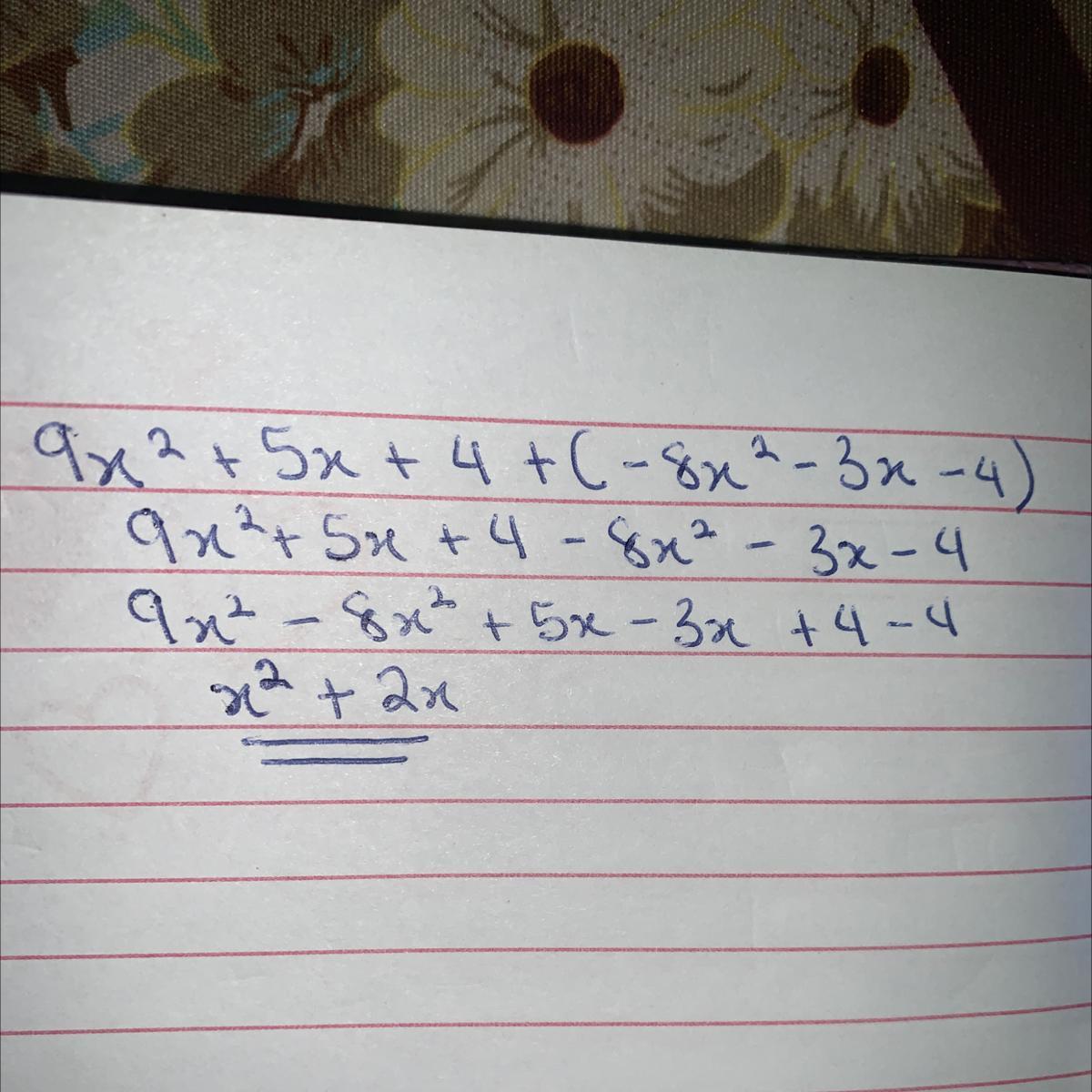 F(x) = 9x + 5x +4g(x) = - 8x - 3x - 4Find (f + G)(x). 