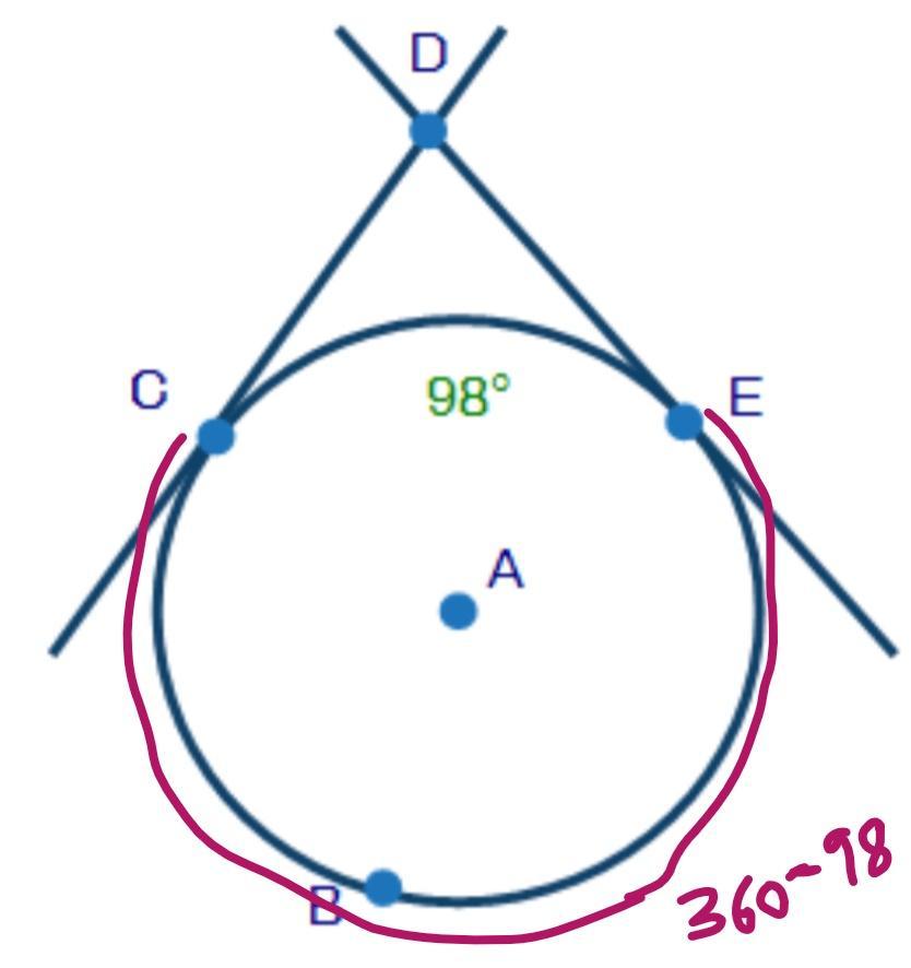 Lines CD And DE Are Tangent To Circle AIf Arc CE Is 98, What Is The Measure Of CDE? 56 49 131 82