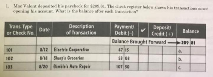 10. Mac Valent Opened A New Checking Account And Deposited His Paycheck For$209.81. The Check Register