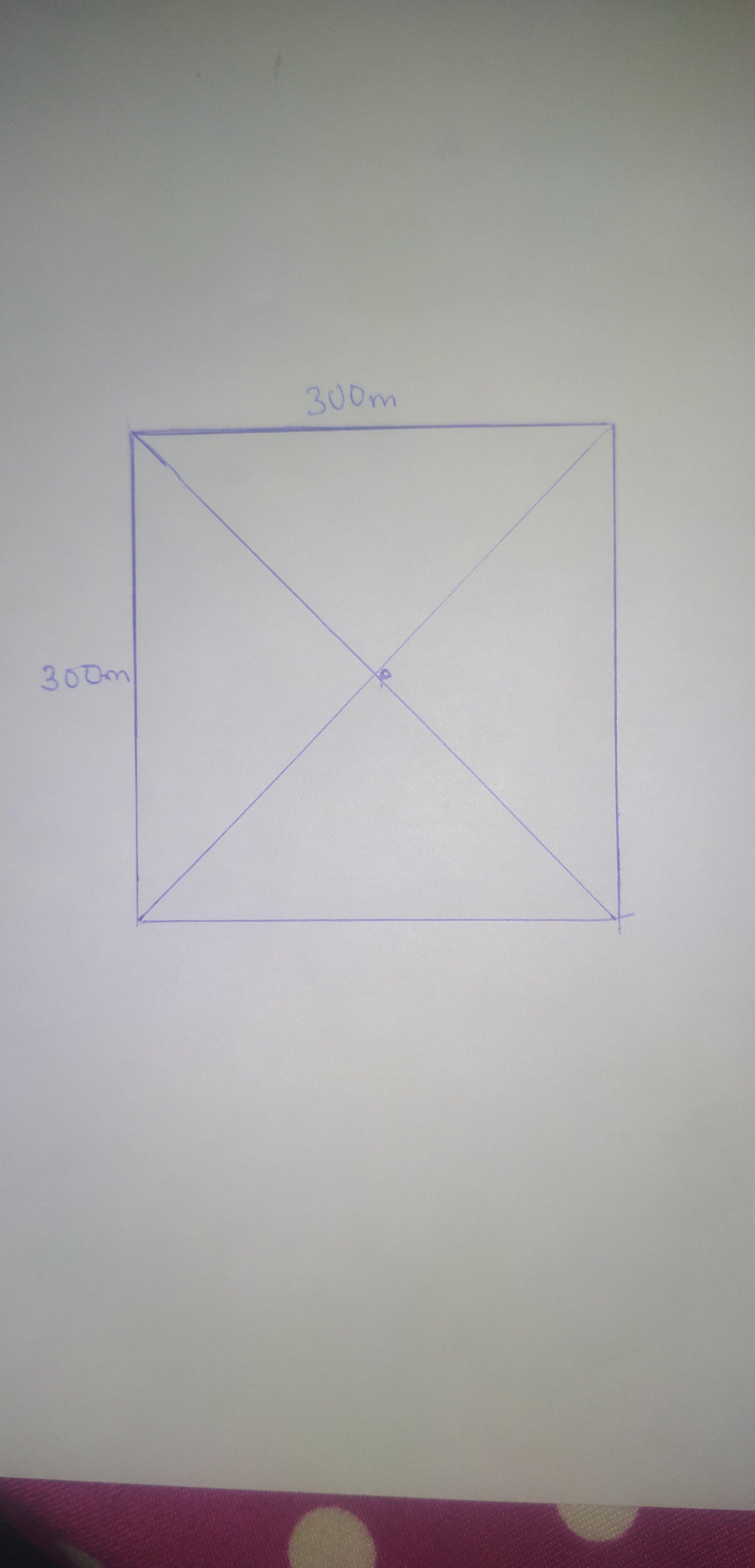 A Square Field Is 300m 300m. Draw A Plan Of The Field. Find The Distance Of The Centre Of The Field From