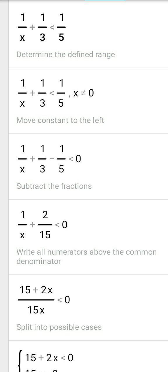 What Is The Solution Of 1/x+1/3&lt;1/5 ?