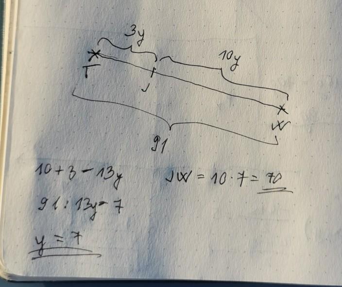 Point J Is In Between T And W On Segment TW. If TJ = 3y, JW = 10y, And TW = 91, Find The Value Of Y And