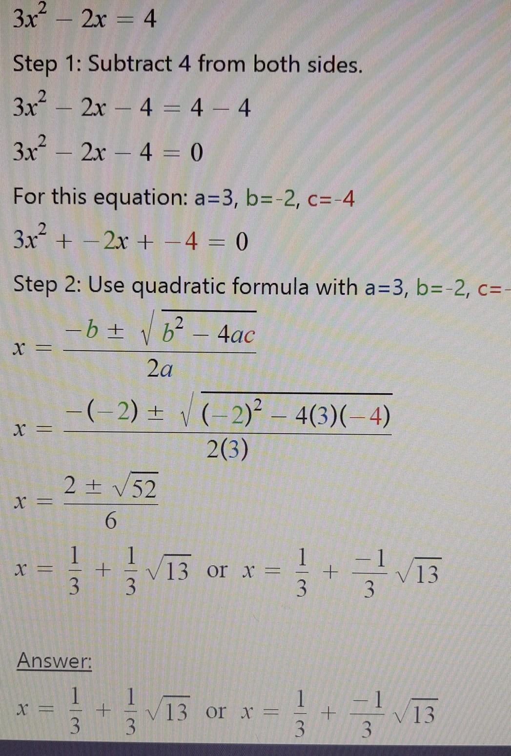 3x-2x=4 Quadratic Equation