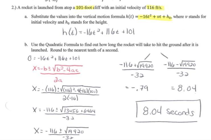 HELP I'LL GIVE BRAINIEST. A Rocket Is Launched Atop A 101 Foot Cliff With An Initial Velocity Of 116