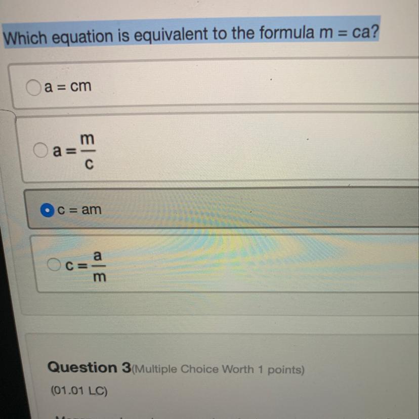Which Equation Is Equivalent To The Formula M=ca
