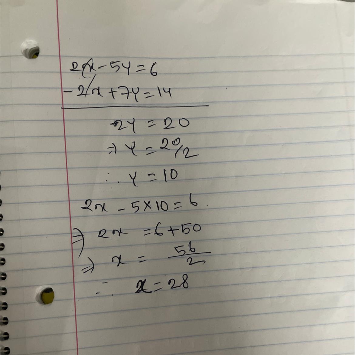 2x - 5y = 6 And -2x + 7y = 14 *Using Elimination*