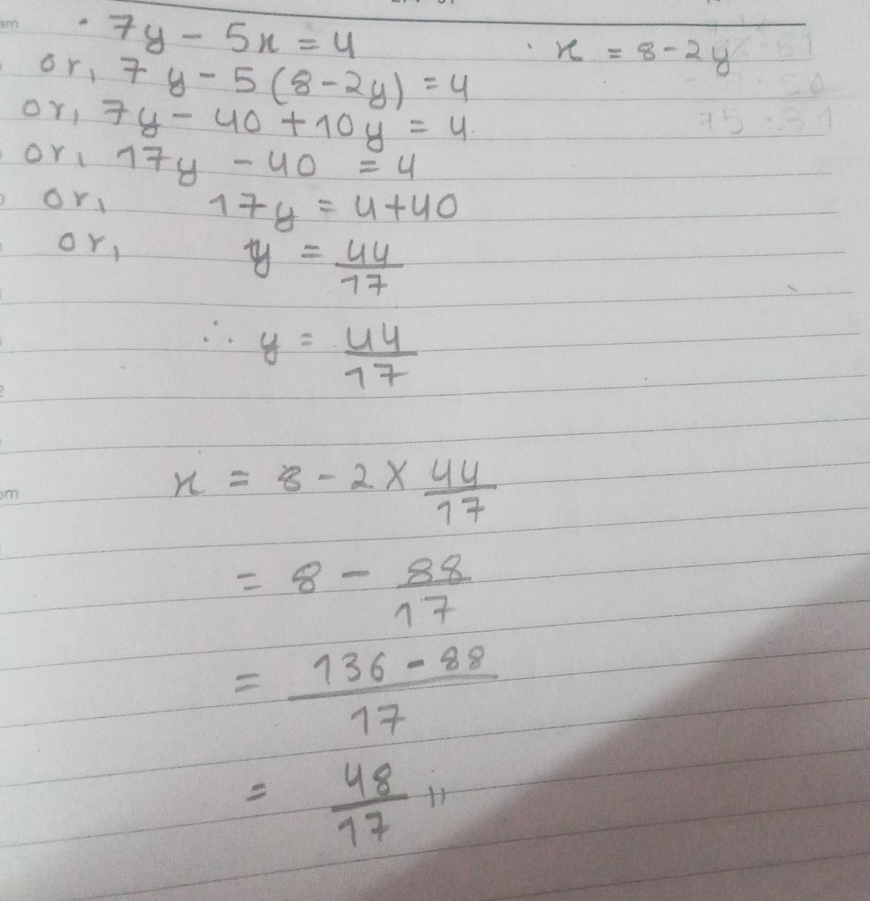 Solve For X And Y7y - 5x = 45x = 8 2y