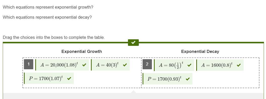 Which Equations Represent Exponential Growth?Which Equations Represent Exponential Decay?Drag The Choices