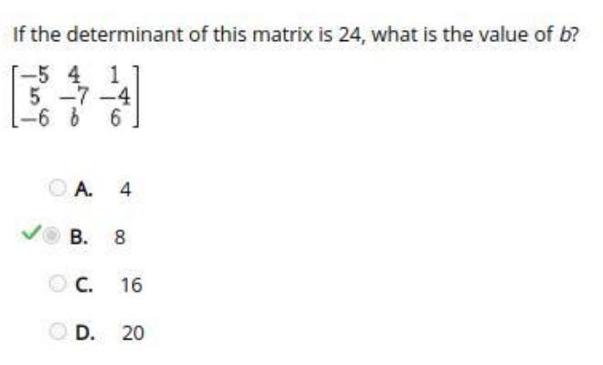 If The Determinant Of This Matrix Is 24, What Is The Value Of B? A. 4 B. 8 C. 16 D. 20