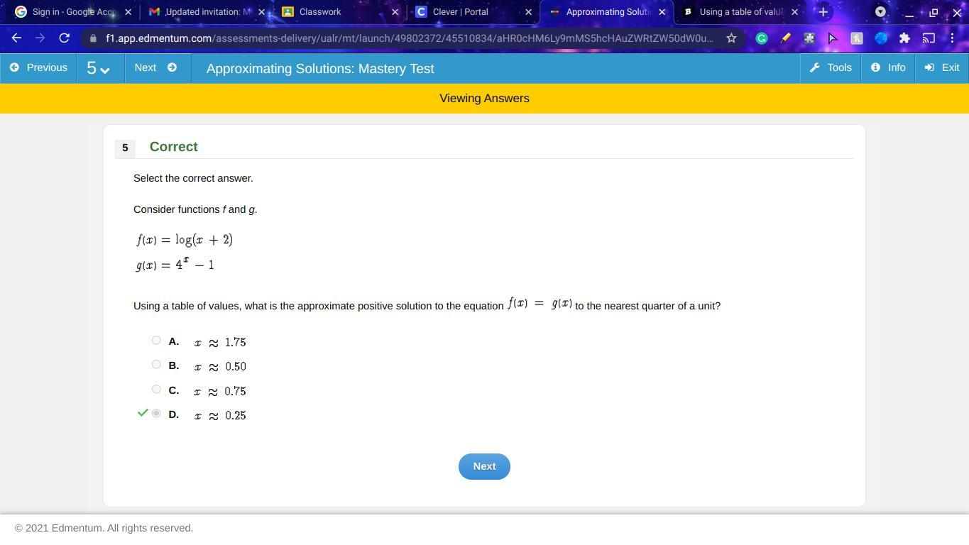 Using A Table Of Values, What Is The Approximate Positive Solution To The Equation To The Nearest Quarter