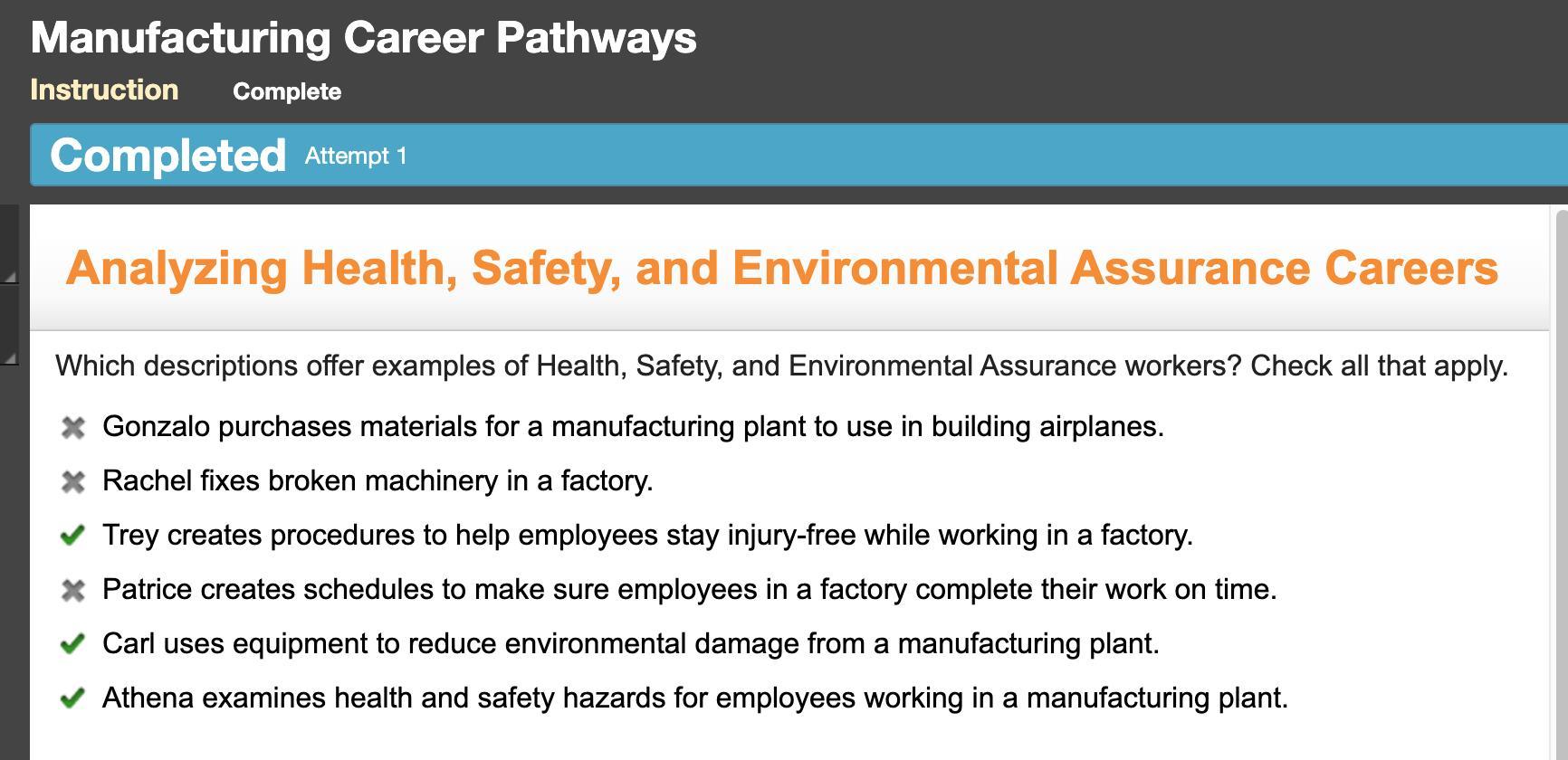 Which Descriptions Offer Examples Of Health, Safety, And Environmental Assurance Workers? Check All That