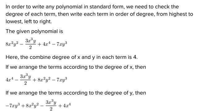 Which Represents The Polynomial Written In Standard Form?8x2y2 StartFraction 3 X Cubed Y Over 2 EndFraction