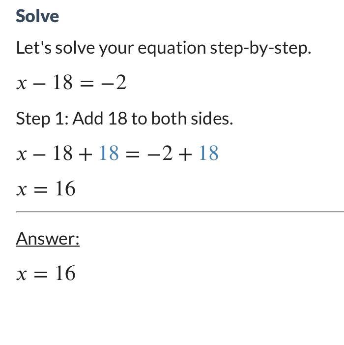 What Is X - 18 = -2 ?