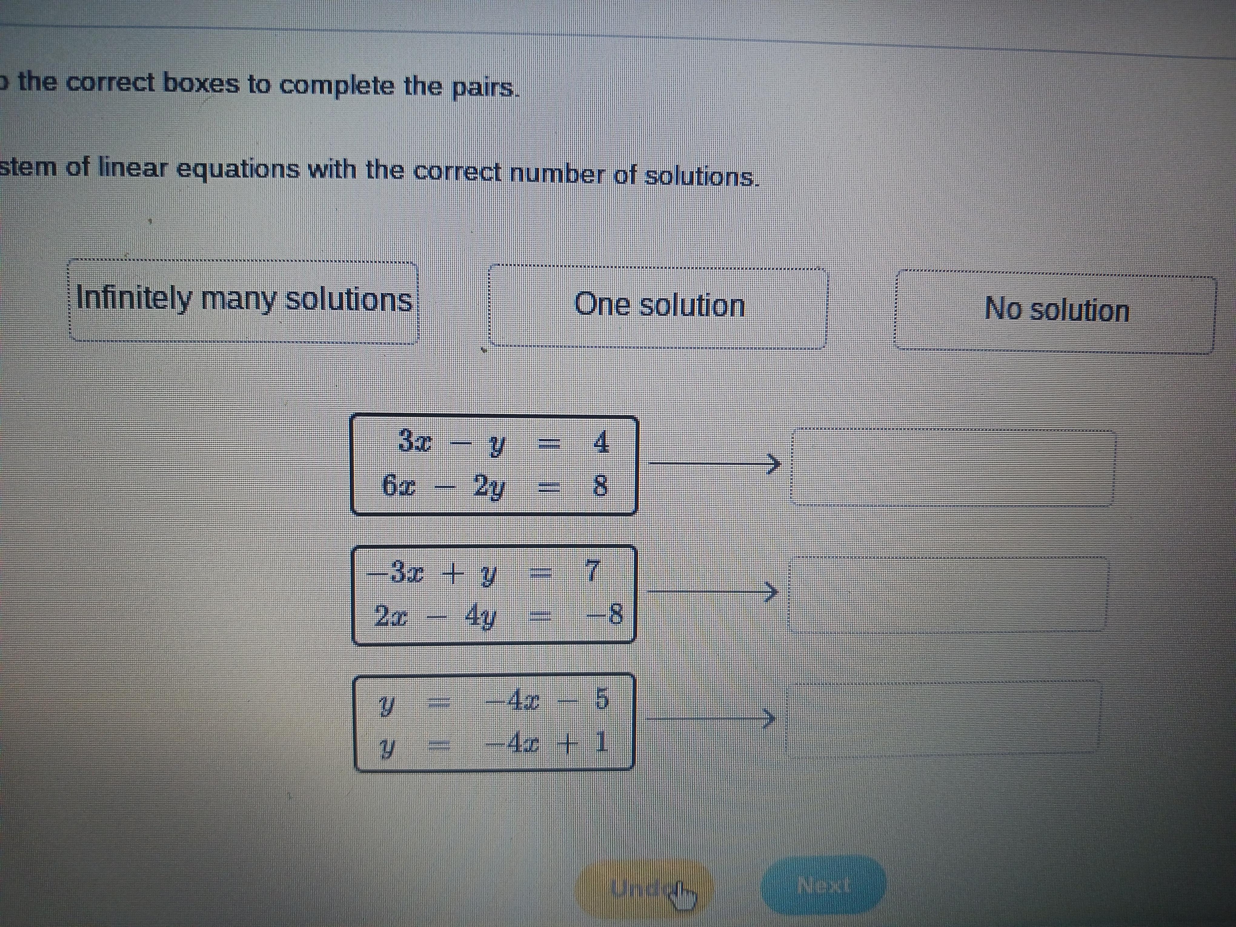 Match Each System Of Linear Equations With The Correct Number Of Solutions.