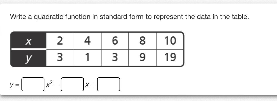 Write A Quadratic Function In Standard Form To Represent The Data In The Table.