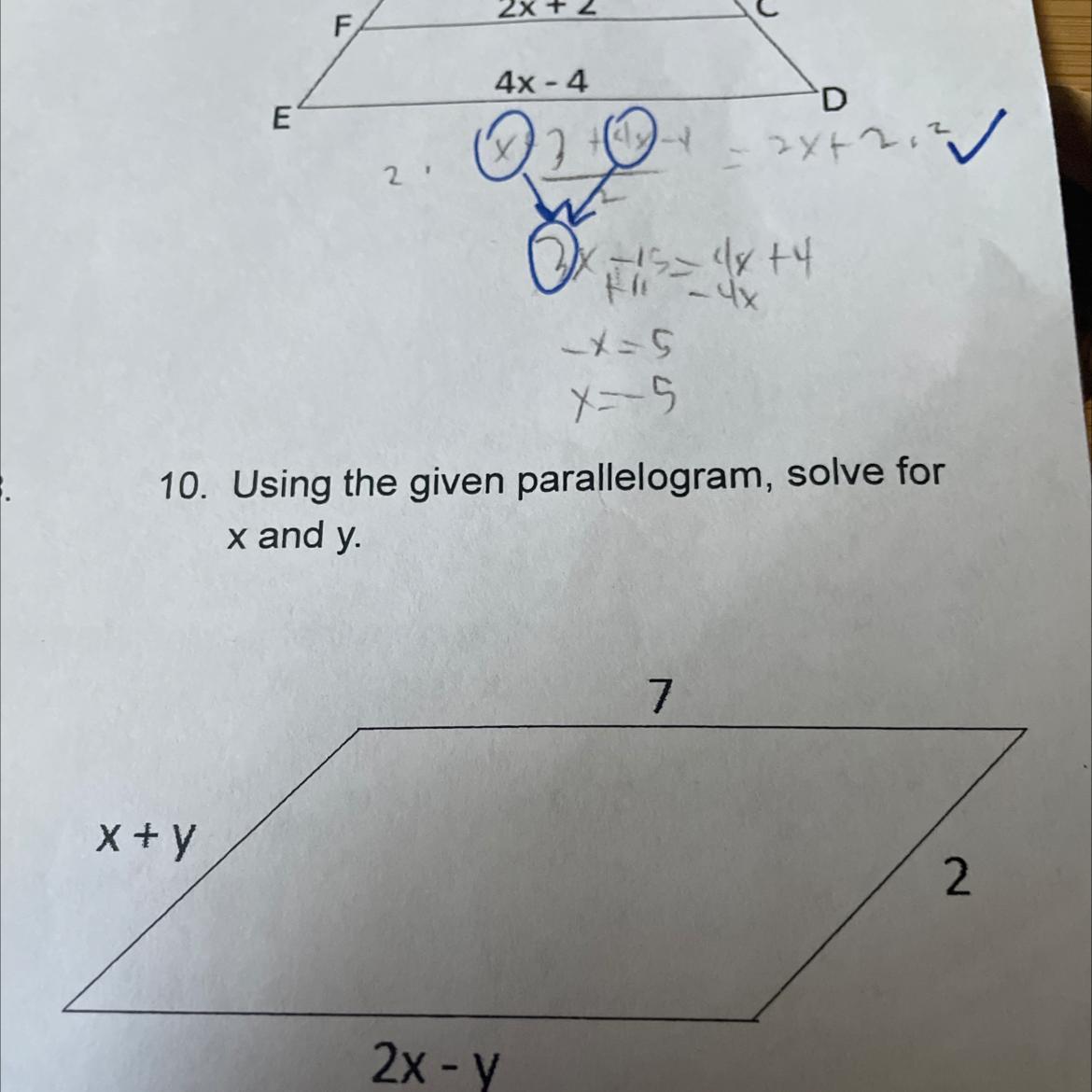 Using The Given Parallelogram, Solve Forx And Y.ignore All Pencil And Blue Pen!