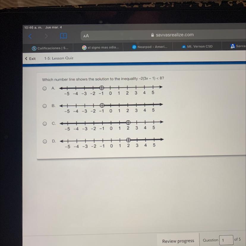 Which Number Line Shows The Solution To The Inequality -2(3x - 1) &lt;8?I Need This Please!!!!