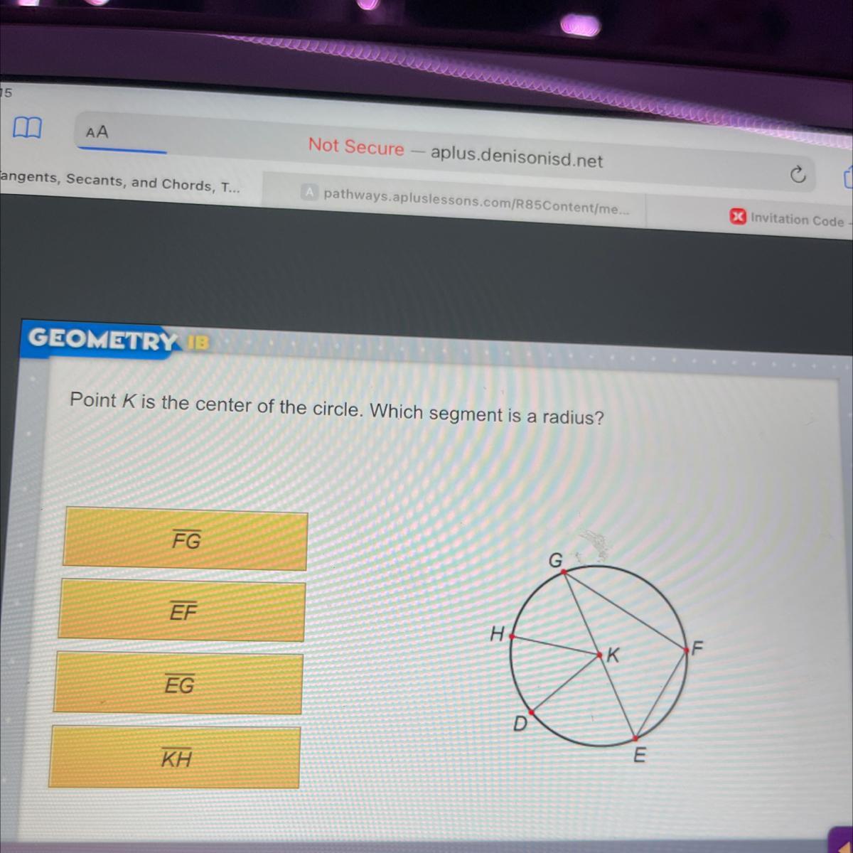 Point K Is The Center Of The Circle. Which Segment Is A Radius?FGGEFHKEGDKHE