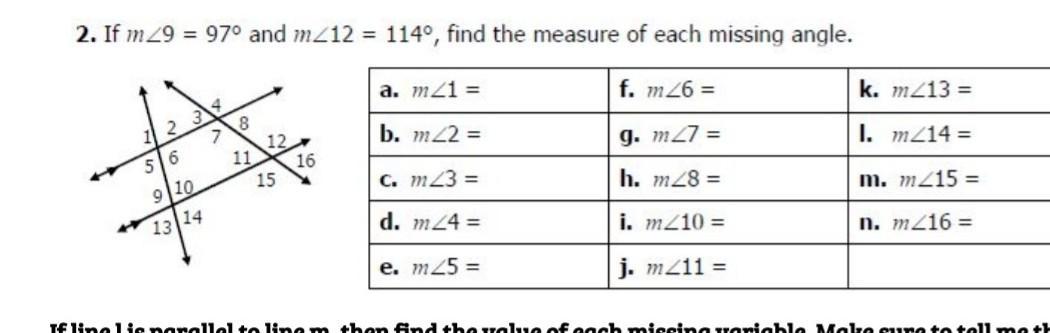If M&lt;9 = 97 And M&lt;12 = 114, Find The Measure Of Each Missing Angle.